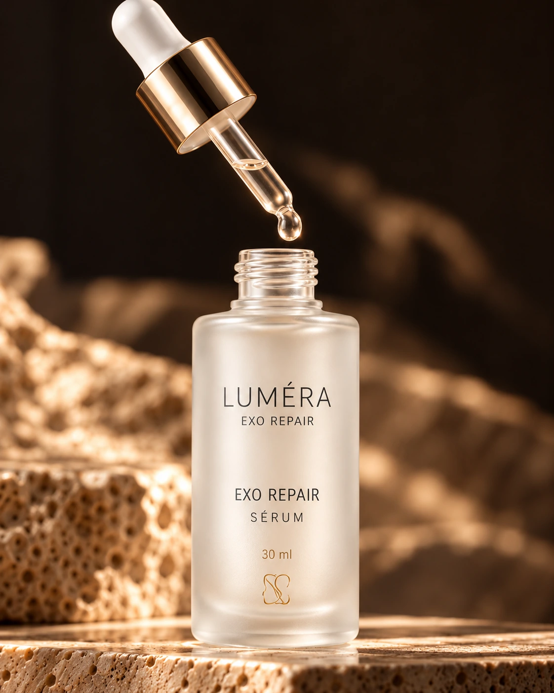 Detalhe do frasco Exo Repair com a pipeta e uma gota de sérum