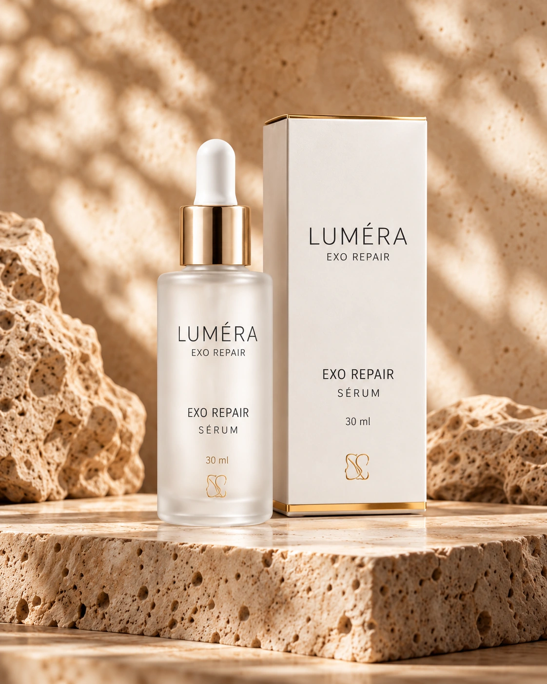 Frasco e caixa Exo Repair Luméra sobre uma base de travertino